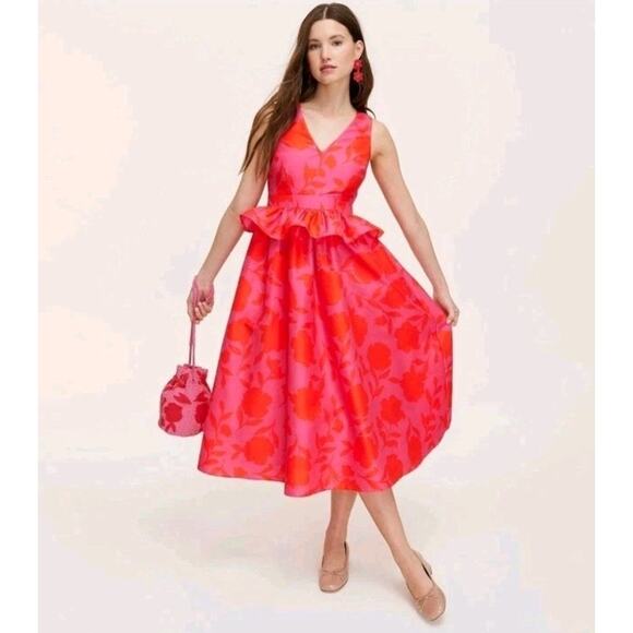Kate Spade Target Pink Red Floral Peplum Midi Dress 12 Sleeveless V Neck Pockets - Picture 1 of 15